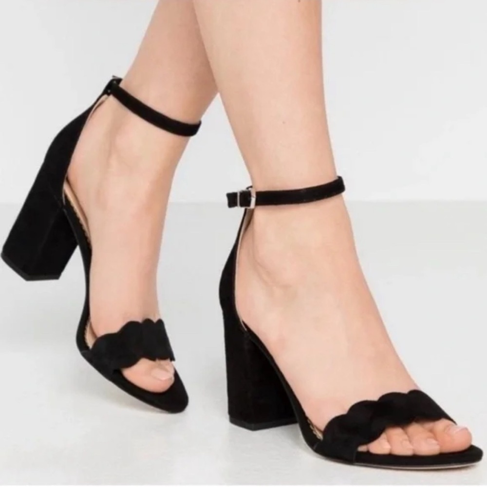 SAM EDELMAN ODILLA SCALLOPED SUEDE LEATHER ANKLE STRAP BLACK HEELS SANDALS 5